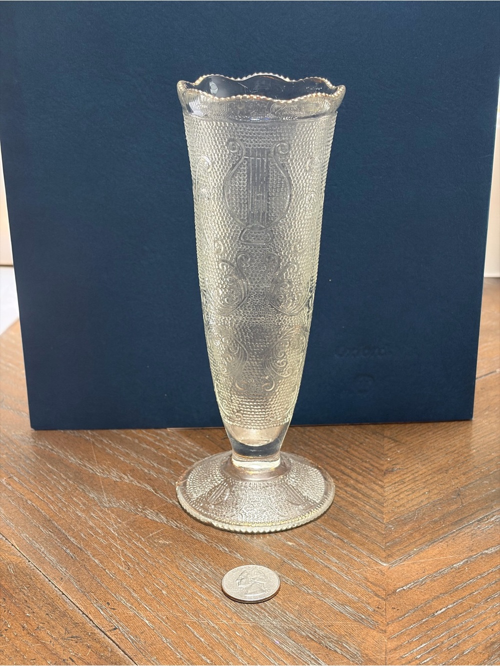 Vintage Jeannette Glass Harp & Lyre Bud Vase Clear Gold Trim 1950s